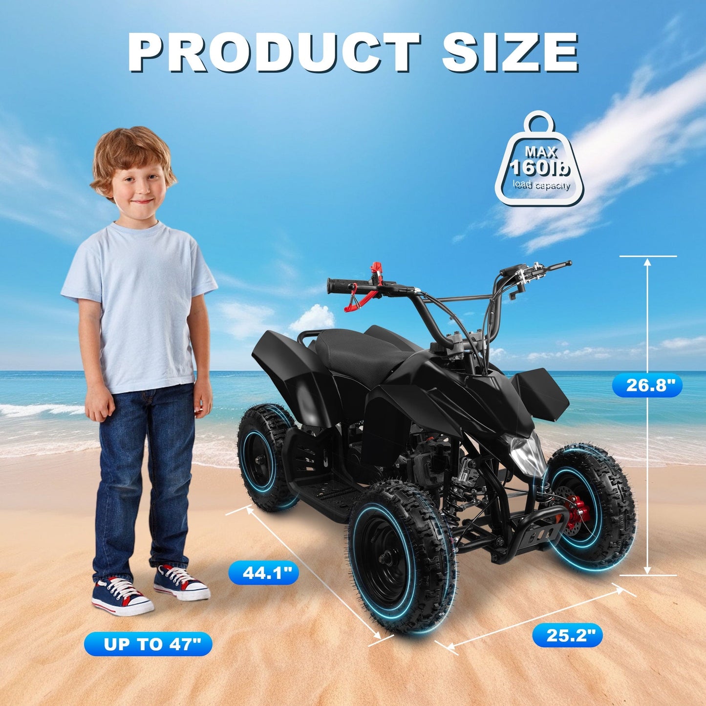 Ktoebyco 49cc Kids Gas Mini ATV for Ages 5–13, Pull Start 2-Stroke Quad Bike 4 Wheeler with Disc Brakes