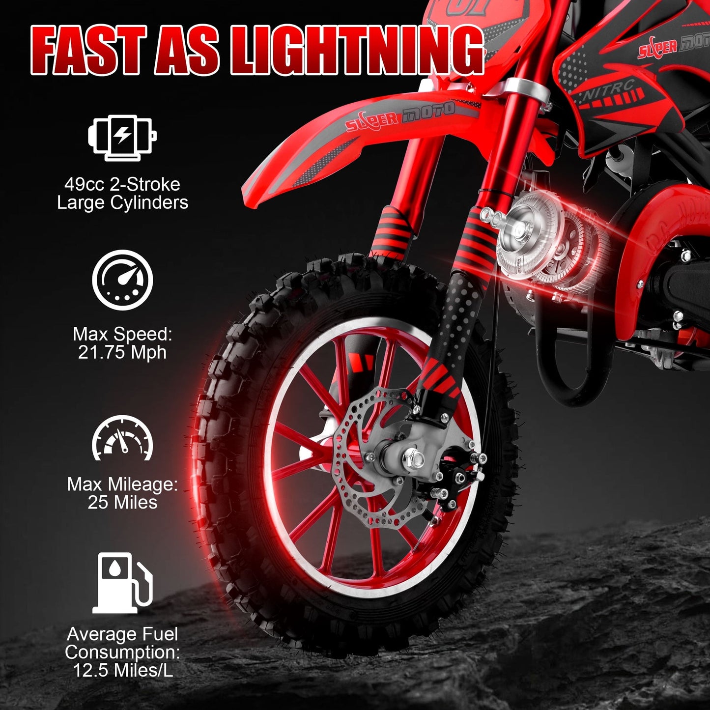 Ktoebyco 49cc Kids Mini Dirt Bike, 2-Stroke Gas-Powered Motorcycle, 1.5L Fuel Capacity,Red