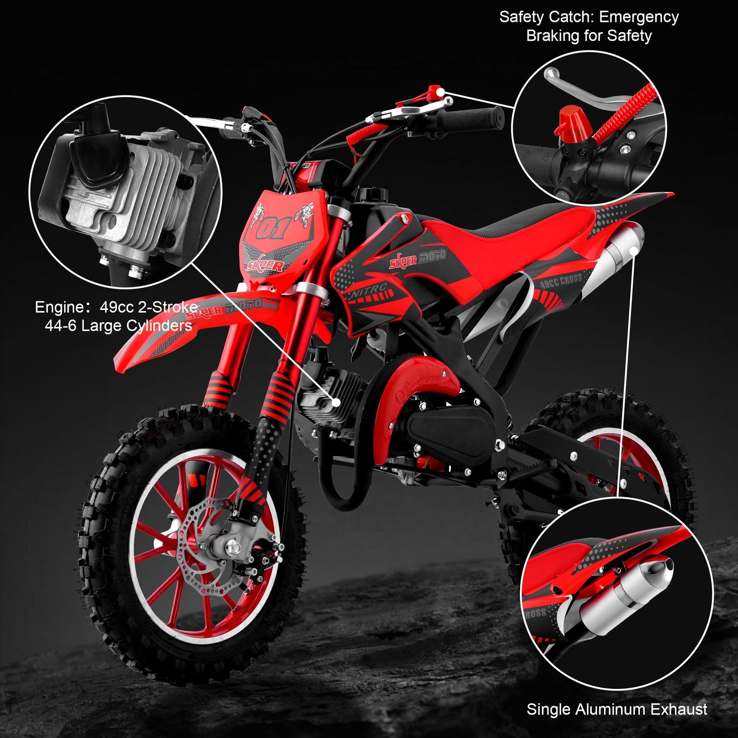 Ktoebyco 49cc Kids Mini Dirt Bike, 2-Stroke Gas-Powered Motorcycle, 1.5L Fuel Capacity,Red