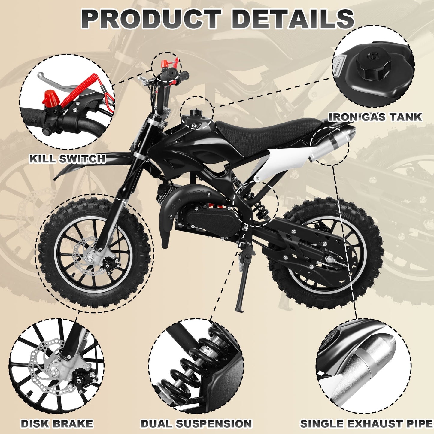 Gpower Gasoline 49cc Dirt Bike for Kids 6-15,2-Stroke Gas Power Mini Dirt Bike,Black