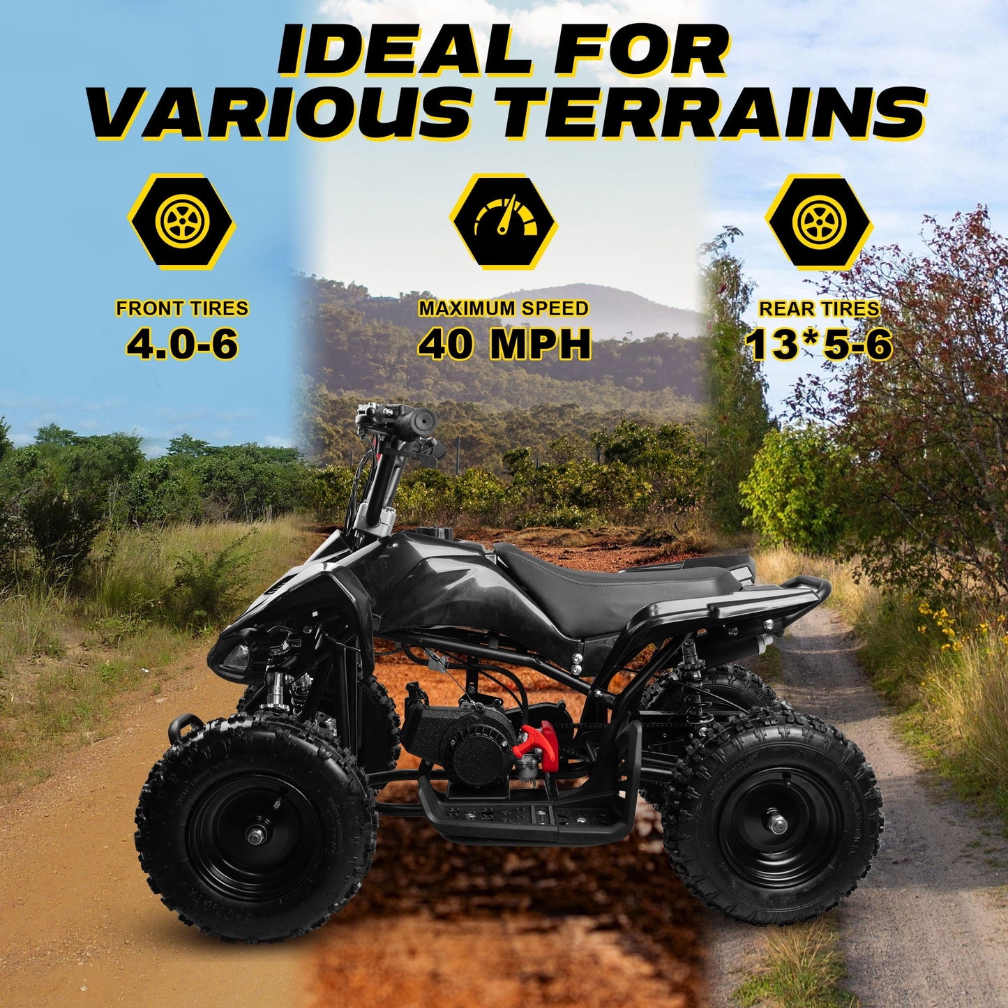 Ktoebyco 49cc 2-Stroke Gas Mini ATV for Kids, Air-Cooled Engine, Pull Start, 6" Steel Wheels, Disc Brakes